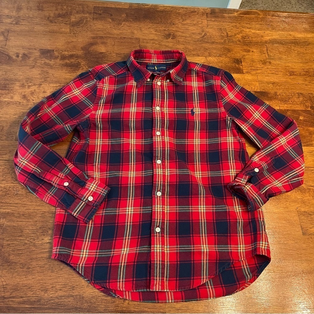 Ralph Lauren red navy plaid long sleeve button down size large 14-16 soft
